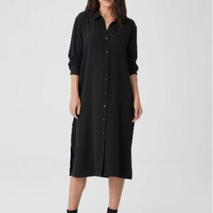 Eileen Fisher Easy Fit Calf Length Black 100% Silk Georgette Crepe Shirtdress 3X